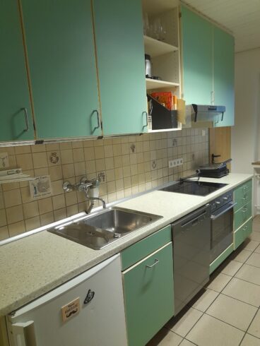 Küche mit grünen Schränken, Spüle, Geschirrspüler und Herd. Fliesen mit Mustern an der Wand, Holzregal mit Gläsern und Utensilien.