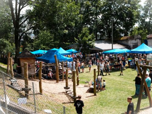 Eine belebte Festwiese mit zahlreichen Menschen, blauen Zelten und Spielgeräten aus Holz. Im Hintergrund sind Bäume und Gebäude sichtbar.